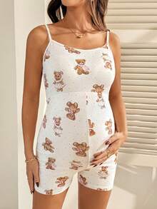 SHEIN Maternity Summer Casual Polka Dot Bear Print Sleeveless Jumpsuit - Black - View 6