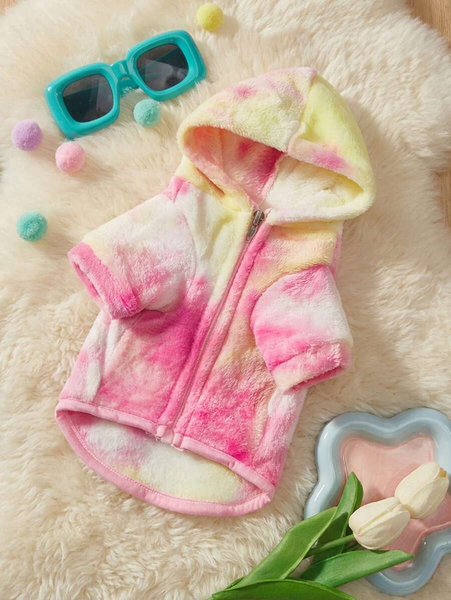 PETSIN 1pc Tie-Dye Pink Fleece Warm Zip-Up Pet Coat For Cats & Dogs - Multicolor - View 1