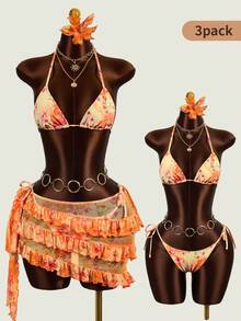 Zestiva 3pcs Tie-Dye Gradient Print Sexy Women Bikini Set, Summer Beach - Orange - View 1