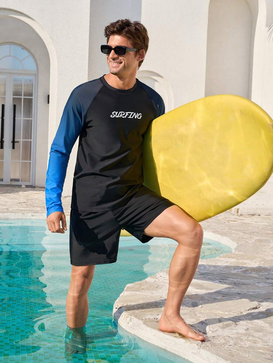 Manfinity KASUA Men's Letter Print Ombre Raglan Long Sleeve Rash Guard - Multicolor - View 1