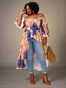 BrightlyHer Plus Size Vacation Casual Floral Print Off-Shoulder Maxi Blouse/Summer/Spring Holiday Beach - Multicolor - View 6