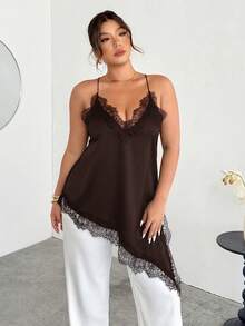 Firerie Camiseta sin espalda de talla grande con parches de encaje y bajo asimétrico de unicolor - Marrón - Ver 2