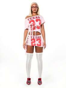 SUMWON WOMEN 德州23号镂空系带露肩短袖棒球风短款T恤 - 粉色 - 查看 3