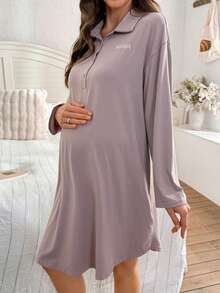 SHEIN Casual Letter Embroidered Maternity Dress With Stand Collar And Front Button, Loungewear - Mocha Brown - View 3