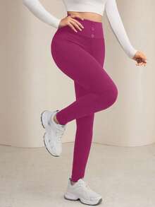 Modelyn Quần legging nữ màu trơn, thiết kế cài nút ở eo, kiểu dáng thường ngày thoải mái. - Màu Hồng Tươi - Xem 3