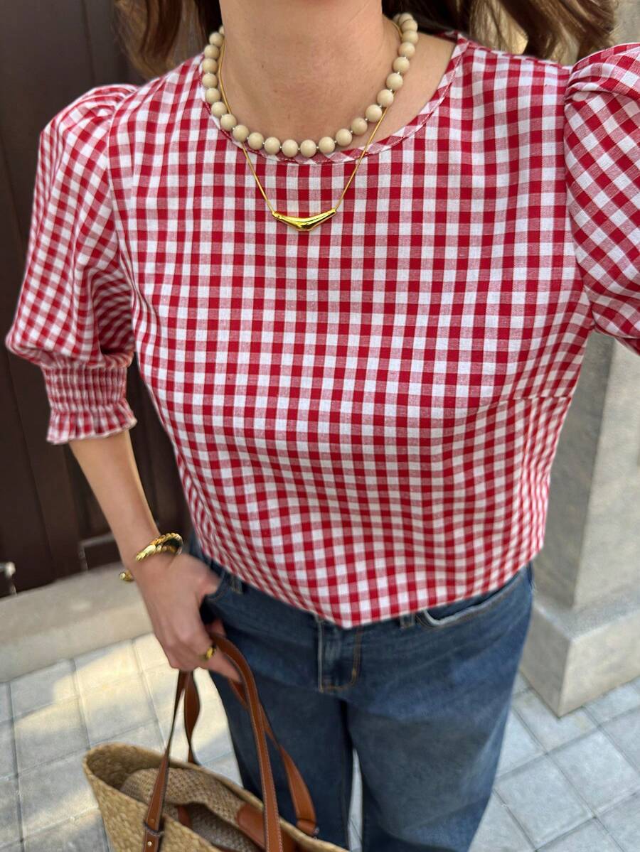 Solivie Women's Casual Plaid Round Neck Puff Sleeve Blouse, Summer - Red and White - View 1