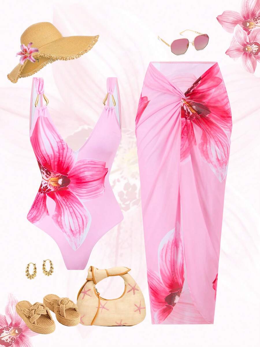 Swim Oasis 女士碎花露背吊带高腰半身裙，性感度假沙滩裙，春夏款 - 粉色 - 查看 1