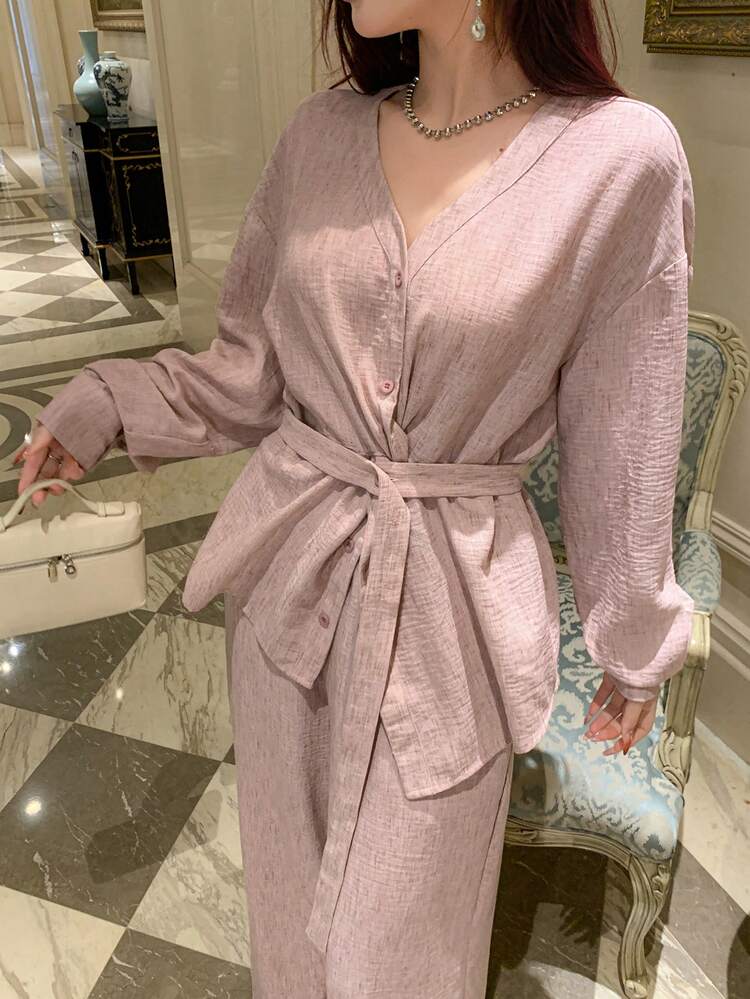 2pcs Women Casual Front Button Long Sleeve Top And Pants Set, Autumn