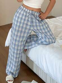 Dazy Plus 大码女式休闲格子印花睡裤 - 藍色 - 查看 7