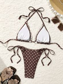 Swim Mod New Polka Dot Print Ruffled Tie Side High Cut Romantic Beach Vacation Women Bikini Swimsuit Set, Spring/Summer - Multicolor - View 3