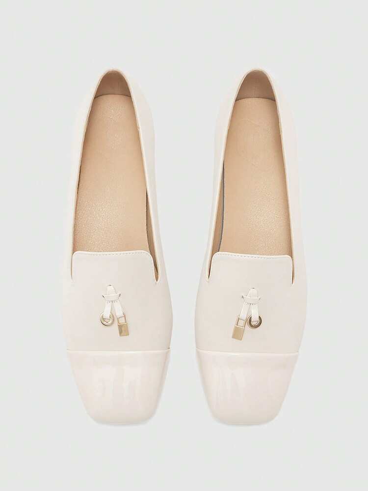 CUCCOO BIZCHIC Women Shoes Women's Fashion Square Toe Low Coarse Heel Beige Basic Simple Commuter Versatile Women's Flat Shoes Women's Shoes Spring Shoes