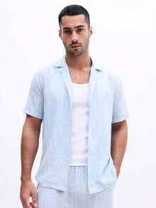 SUMWON Conjunto coordinado de camisa de manga corta y shorts de verano a juego con sensación de lino relajado para usar en vacaciones, resorts de playa, uso casual y cómodo diario - Celeste - Ver 5