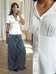 Siren Gaze Spring & Summer Outfit Casual Business Loose Waist Pleated Collar Long Sleeve Shirt,Button Up Blouse, Western Tops, Button Up Top, Western Blouse, Western Button Up Women, Thanksgiving Shirt, Casual Blouses For Women, School Shirt, Elegant Women's Blouses Spring/Stand Collar Short Sleeve Button Front Striped Casual Blouse For Daily Wear/Blouses Cinched Waist Long Sleeve Vneck Button Up Shirt Top Festive, Holidays, Party, - Multicolor - View 6