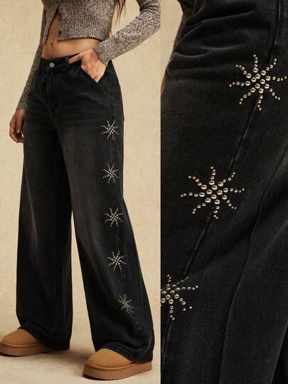 Easelle Kadın Vintage Çivili Detaylı Yıkanmış Eğimli Cepli Kot Pantolon, Sonbahar