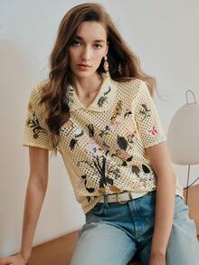 Anewsta Women's Fashion Embroidered Knit Short Sleeve Top, Early Spring - Yellow - View 7