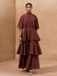 Zivah Blusa con cuello medio alto con volantes, de tela tejida transparente marrón, y falda larga con volantes de 3 capas, nueva llegada de primavera 2025 para mujeres - Café - Ver 7