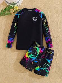 SHEIN Conjunto de tankini de 2 piezas con diseño fosforescente de videojuegos para niño preadolescente, informal y ajustado, adecuado para primavera/verano, vacaciones en la playa - Multicolor - Ver 4