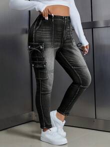 SHEIN ICON Plus Size Women's Cargo Pocket Skinny Casual Versatile Jeans - Black - View 3