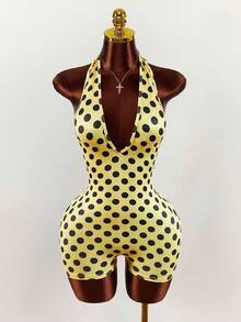 Amplova Women's Yellow & Black Polka Dot Halter Tie Backless Romper, Sexy Tight-Fitting Y2K Retro Polka Dot Print, Cute Ruched Back Detail - Multicolor - View 4