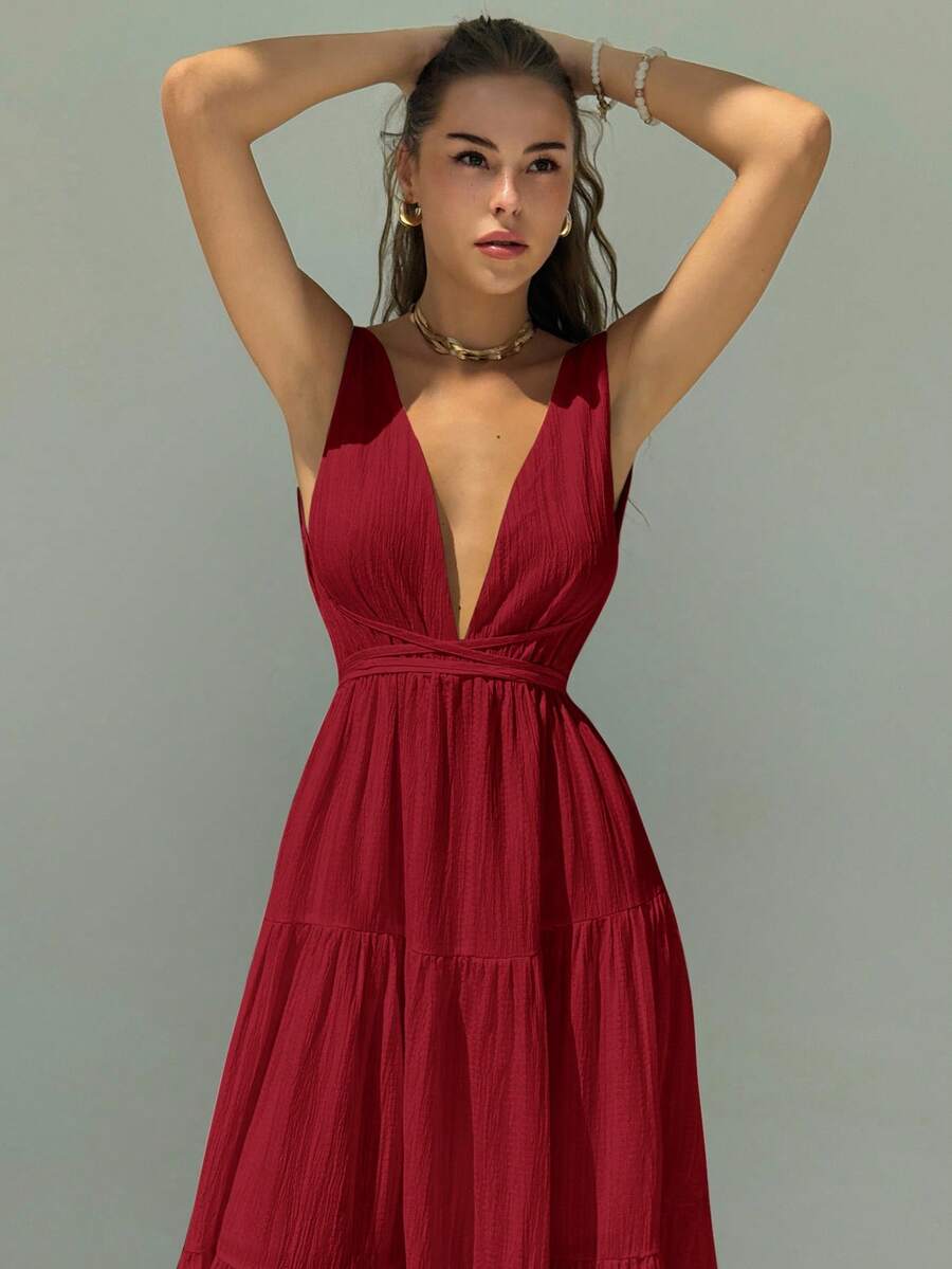 Aloruh Women's Deep V-Neck Tie Waist A-Line Dress, White, Vacation/Holiday - Burgundy - View 1