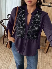 EMERY ROSE Plus Size Elegant Sequin Floral Embroidered Front Button Shirt, Autumn - Purple - View 6
