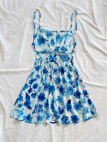 Soleia 女士度假风蓝白碎花露背吊带A字迷你连衣裙，适合秋冬季叠穿，派对装 - 藍白色 - 查看 2