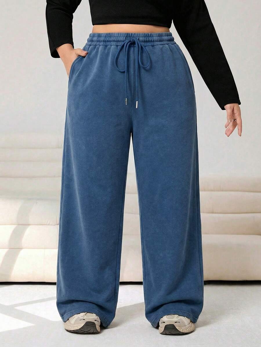 SHEIN EZwear 大码休闲抽绳腰蓝色运动裤 - 藍色 - 查看 1