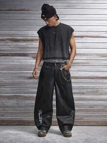 AXEPEAK Pantalones casuales de hombre con bolsillos en diagonal, estampado gráfico y ajuste holgado - Negro - Ver 6