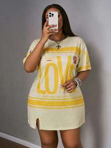 Slaydiva Vestido de manga corta con abertura lateral, hombros caídos y color rosa para vacaciones de principios de primavera en tallas grandes - Amarillo - Ver 6