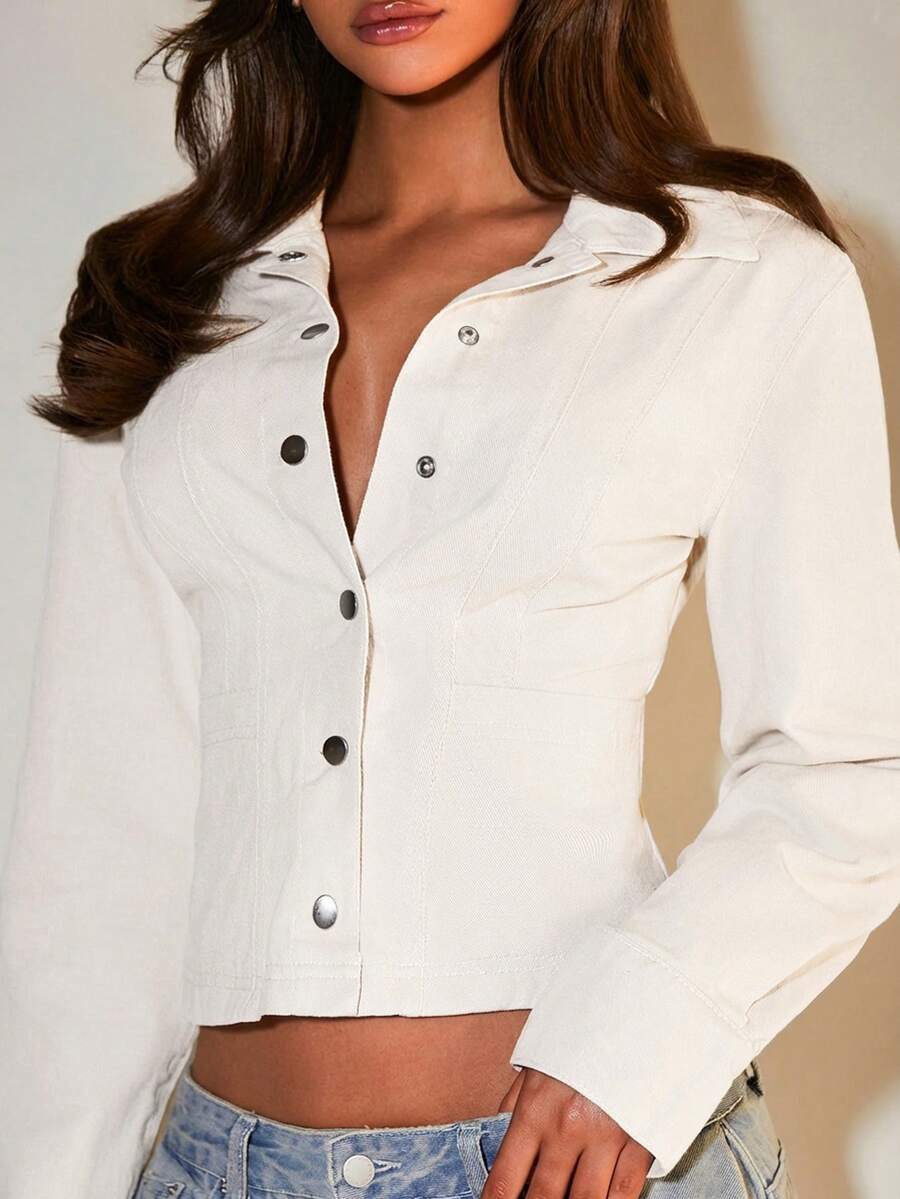 COSMINA Denim 女士休闲前扣牛仔衬衫,修身腰部,长袖牛仔上衣,适合日常穿着和通勤,优雅牛仔上衣,秋冬牛仔上衣,春季牛仔上衣,休闲牛仔,灰色牛仔上衣,日常街头风格,秋季风格。 - 杏色 - 查看 1