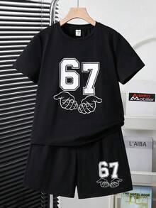 SHEIN 两件装青少年男童休闲舒适百搭圆领宽松T恤短裤套装,适合春夏季各种场合,如郊游、约会、旅行、度假、家庭聚会、返校、婚礼、派对、运动等。 - 黑色 - 查看 3
