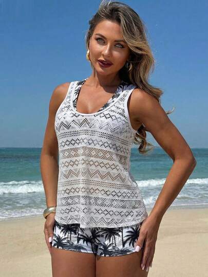 Swim Lushoire شورت بطبعة أشجار جوز الهند ذو فتحة عميقة، مع غطاء مافتوح من الكروشيه وبيكيني بحزام رفيع مكون من 3 قطع، ملابس شاطئ للنساء، للعطلات، رأس السنة