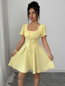 Selianne Women's Elegant Ruched U-Neck Tie-Waist A-Line Ruffle Sleeve Pale Yellow Summer Dress,Suitable For Work,Vacation,Day Party,High Tea,Spring Short Dress - Pale Yellow - View 8