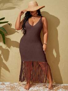 SHEIN Swim Curve Plus Size Women Solid Color Fringe Hem Sleeveless Coverup Dress - Rust Brown - View 1