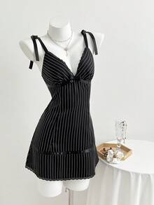 Elamini 女士条纹印花打结蕾丝拼接吊带连衣裙 - 黑色 - 查看 5