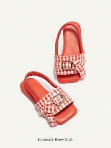 Cozy Pixies A Pair Of Girls' Orange And White Plaid Pearl Bow Summer Elastic Open-Toed Sandals, Suitable For Daily Wear, With Skirts, Summer Beach Leisure Play, Weekend Outing Party Princess Style Vacation - Orange - View 4