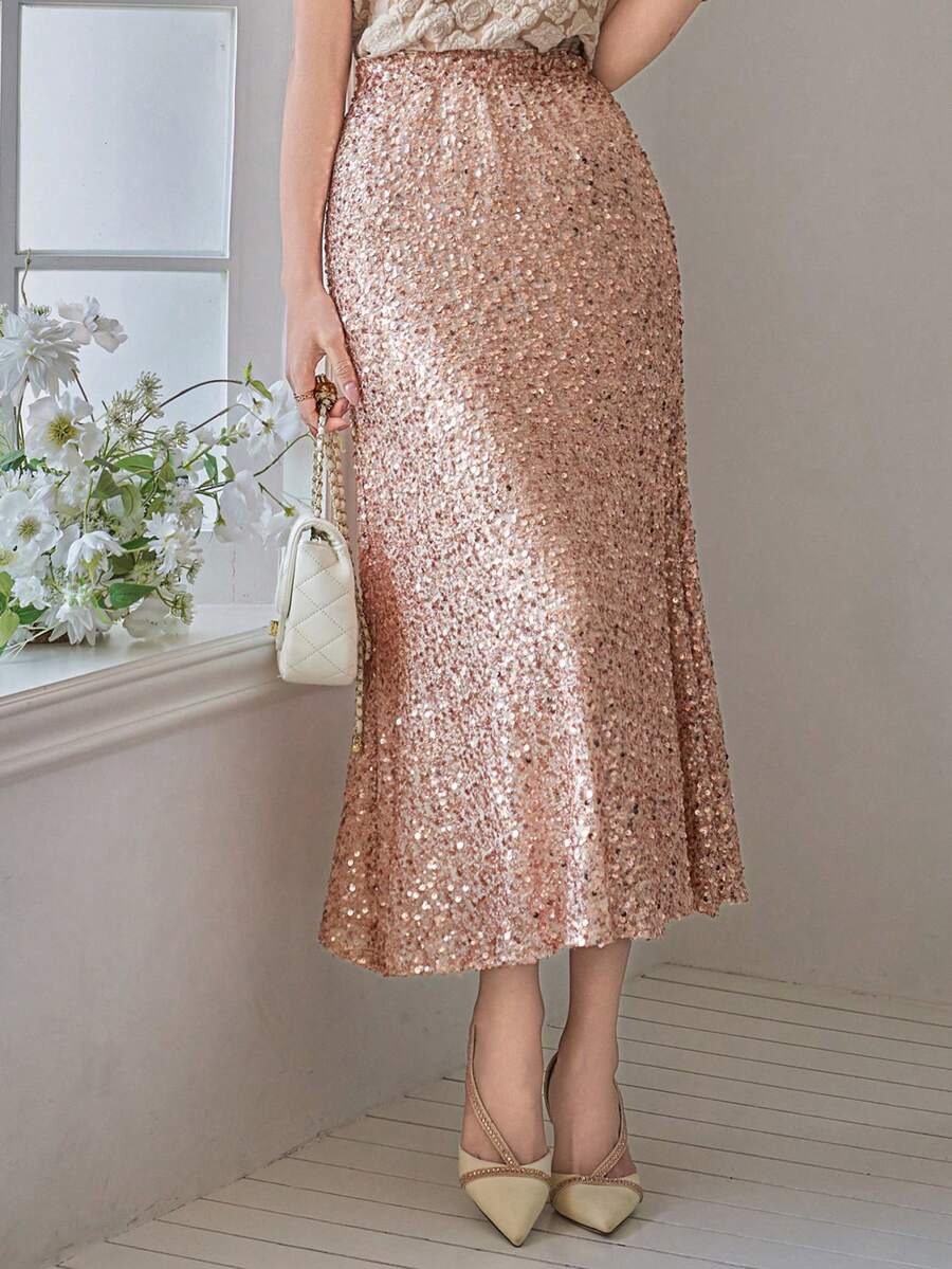 DAZY Chân váy nữ thanh lịch đính sequin, thích hợp cho mùa xuân/hè. - Hồng - Xem 1