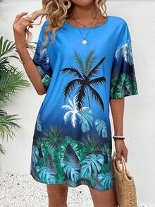 Breezaya 女士夏季海滩度假风印花短袖宽松迷你连衣裙度假海滩套装 - 寶藍色 - 查看 2