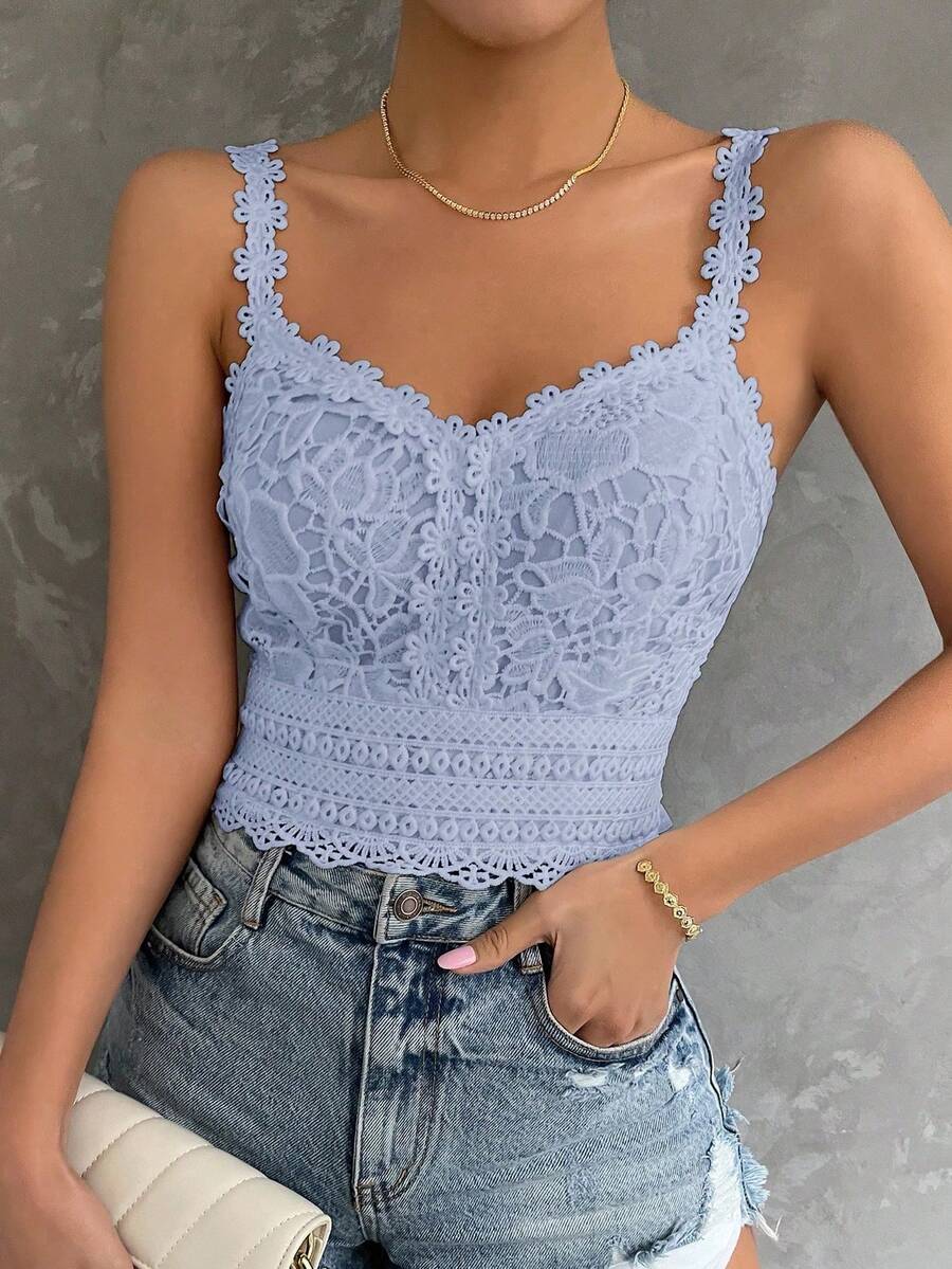 Breezaya 女士优雅度假风水溶性蕾丝修身吊带背心，夏季 - 藍色 - 查看 1