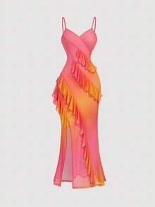 MOD Vestido largo de tirantes con cuello en V, parches, volantes, abertura alta y estampado floral teñido anudado - Multicolor 2 - Ver 3