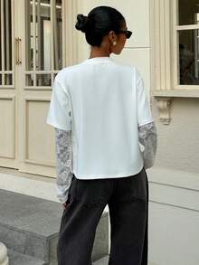 Muchica Women's White Knit Waist Design Contrast Lace 2 In 1 T-Shirt For Going Out Outfits, Streetwear, Y2K Clothes, White Top With Lace Sleeves - White - View 2