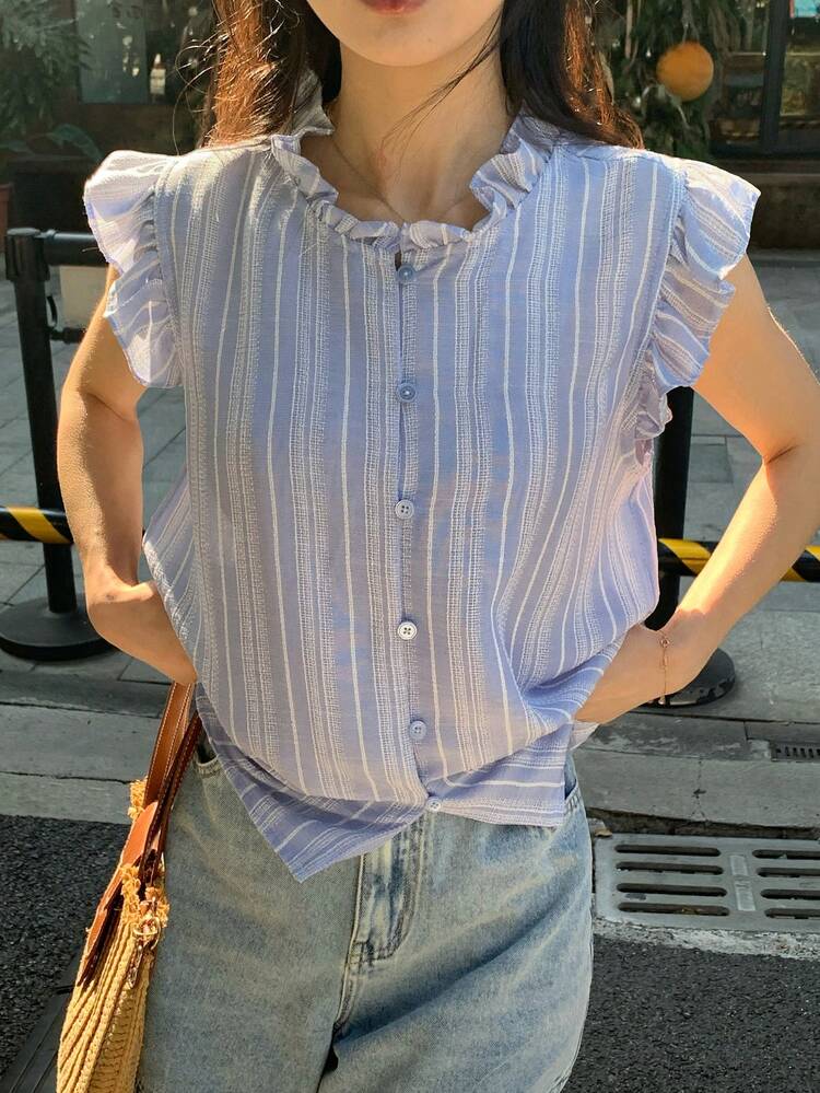 Women's Round Neck Single-Breasted Frill Trim Striped Blouse Summer