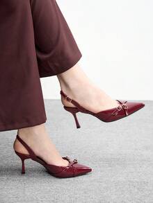 CUCCOO BIZCHIC 酒红色尖头细高跟女鞋，后跟系带，露跟设计，百搭正装鞋，适合工作和派对场合 - 酒紅色 - 查看 3