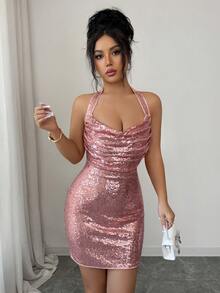 Rafferiza Women's Plunging Neckline Sequin Bodycon Halter Backless Dress, Suitable For Parties - Pink - View 4