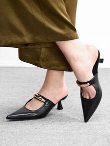 CUCCOO BIZCHIC New Women's Black Pointed Toe Metal Buckle Strap Slip-On Mules, Commuting Business Office Outfit Mid-Heel Slides - Black - View 3