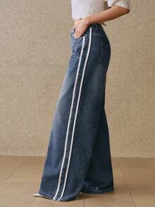 Anewsta 春季时尚蓝色牛仔裤，侧边饰有白色条纹织带，百搭女式牛仔裤 - 藍色 - 查看 6