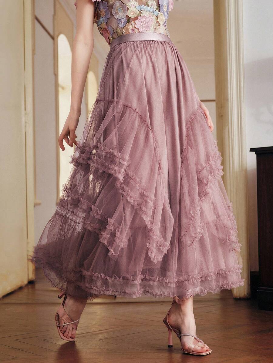 Anewsta 春夏莲花粉蕾丝网纱层叠薄纱裙，高端蓬蓬蛋糕裙 - 藕粉色 - 查看 1