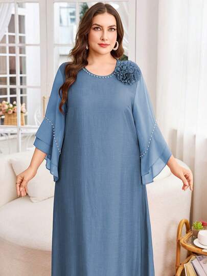 Lacomfia Vestido casual modesto de talla grande para mujer, de unicolor con parches de gasa