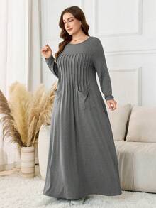 Lacomfia Đầm dài tay màu xanh nhạt co giãn, xếp ly, có túi, kiểu dáng tối giản, rộng rãi, mềm mại, cỡ lớn dành cho nữ. - Xám - Xem 5