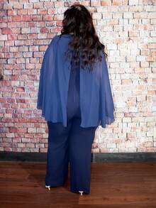 Truni 大码女式纯色荷叶边拼接优雅连体裤 - 藏蓝色 - 查看 2